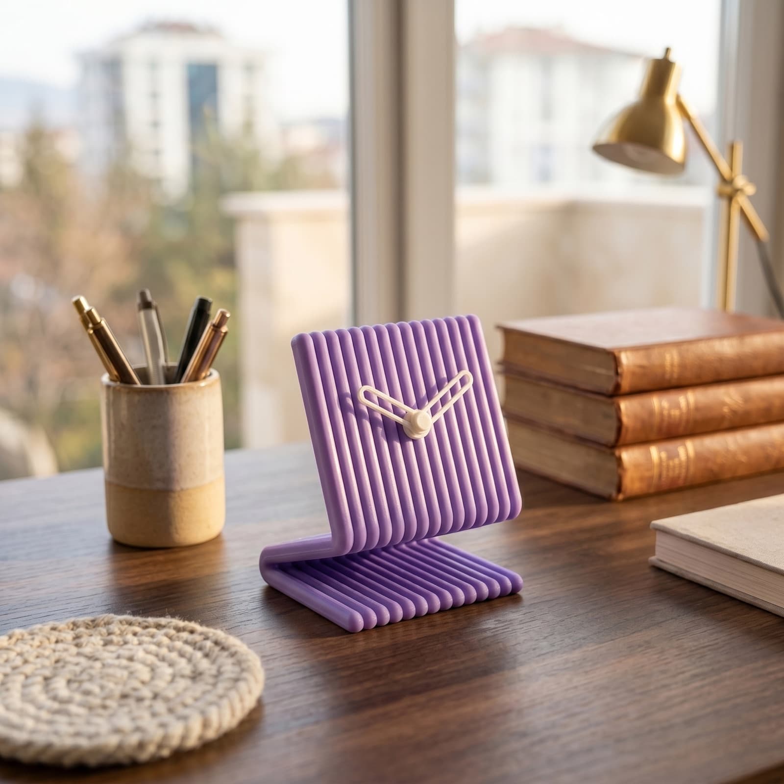 Ritim Lila — dokulu, 3D baskı, sessiz analog masa saati (9×11 cm) - 2