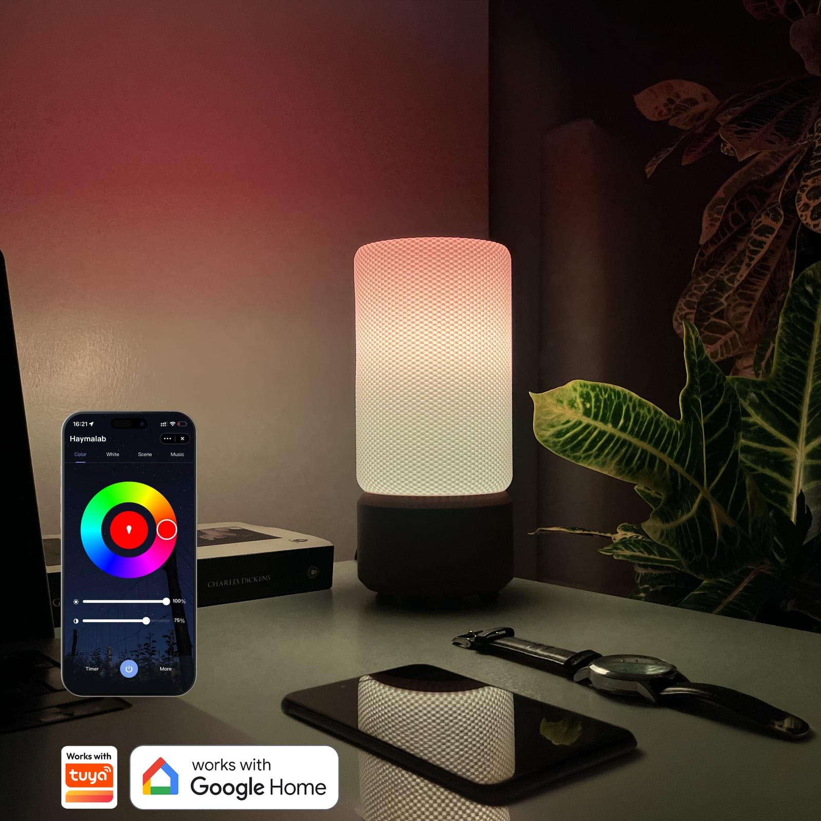 Buz mavi tonunda yanan dokulu silindir formlu RGB akıllı LED lamba